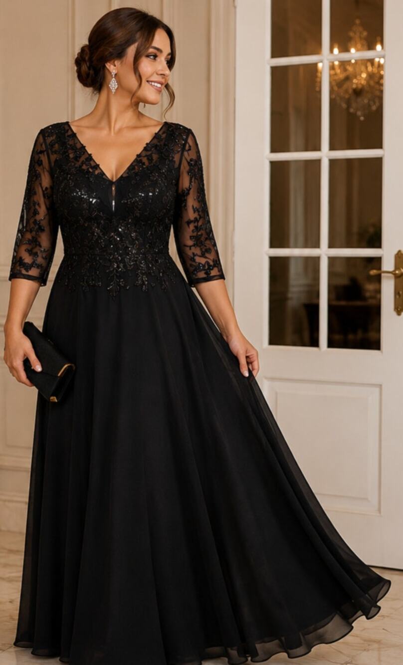 NWOT SHEIN Black Formal Evening Corset Back Sequin Lace Maxi Gown 3/4 Sleeve, 16